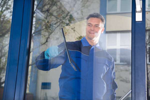 Fensterputzer reinigt in Gewerbebetrieben